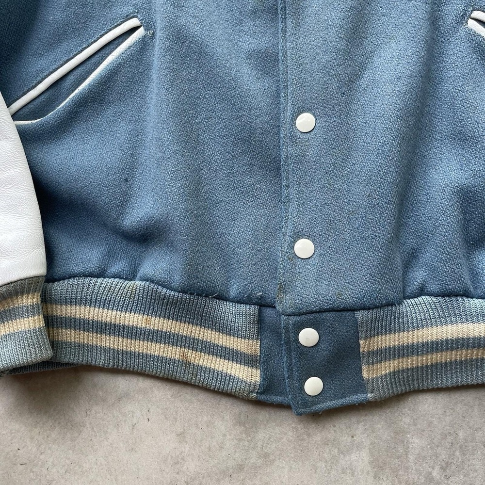 Vintage 60s Butwin Varsity Jacket Mens XL White Baby Blue Wool Leather Bomber - Picture 7 of 9